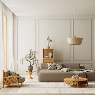 Bej kanepe, ahşap mobilyalar ve gün ışığında düzenlenmiş nötr dokuların yer aldığı güneşli, modern bir oturma odası. 3B illüstrasyon.