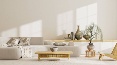 Modern bej oturma odası kompozisyonu seramik vazo ve ahşap masa yaratıcı düzenler ve markalaşma görselleri için nötr negatif alan sağlıyor. 3B illüstrasyon.