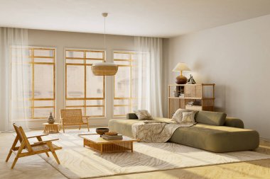 İçinde zeytin yeşili bir kanepe, rattan dokular, sıcak güneş ışığı ve rahat doğal tasarımı olan sakin nötr estetik bir atmosfer bulunan çağdaş oturma odası. 3B illüstrasyon