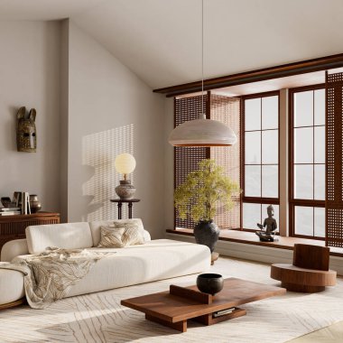 Yumuşak dokular, ahşap mobilya sıcaklığı ve sakin dekoratif armoni ile tanımlanan rahat minimal alan huzur verici bir çağdaş ortam yaratıyor. 3B illüstrasyon.