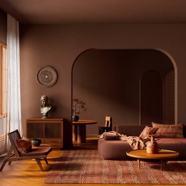 Yumuşak atmosferi olan organik modern bir iç mekan, el yapımı detaylar, sıcak dokular, doğal malzemeler ve hafif ışıklandırma sakin, rafine ve yapışkan bir alan yaratıyor. 3B illüstrasyon