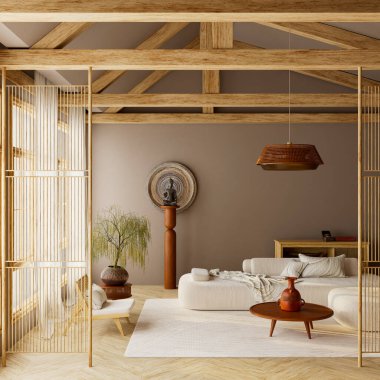 Bej rengi Japon iç tasarımı ahşap detaylar ve doğal ışıkta minimum dekor içeriyor. Huzurlu kompozisyon ve metin yerleştirme için geniş kopya alanı ile düzenlenmiş. 3B illüstrasyon.