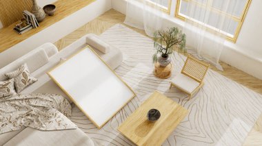 Seramik vazo, rattan detay ve markalaştırma ve modern tasarım için nötr duvar arkaplanı içeren üst görünüm maketi. 3B illüstrasyon.