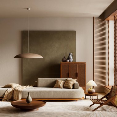 Ilık ahşap, bej tekstil, yumuşak ışıklandırma ve en az doğal dekorla sakin, dengeli bir yaşam alanı yaratıyor. 3B illüstrasyon