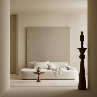 Saf minimalist bir iç mekan. Heykel ahşap dekoru, nötr alçak kanepe ve sakin ve zarif bir yaşam ortamı için yumuşak bir gün ışığı.