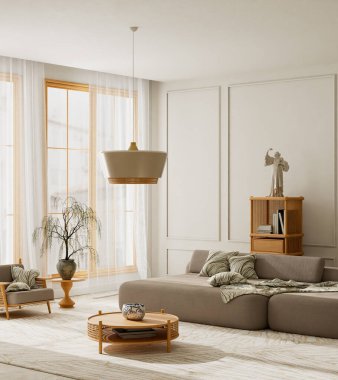 Bej kanepe, ahşap mobilyalar ve gün ışığında düzenlenmiş nötr dokuların yer aldığı güneşli, modern bir oturma odası. 3B illüstrasyon.