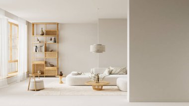 Yumuşak kumaşlar, doğal dokular ve sıcak ahşap elementlerle dolu, dengeli, modern, net görseller için açık negatif alan ve doğal kopya alanı ile düzenlenmiş. 3B illüstrasyon