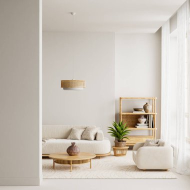 Yumuşak kumaşlar, ahşap yüzeyler, gün ışığı ve doğal fotokopi alanı sağlayan havadar bir iç mekan. Sıcak tarafsızlıklar ve dekorasyon sakin ve uyumlu bir atmosfer yaratıyor.