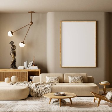Zarif Japandi model poster çerçevesi içinde yumuşak bej renkler, ahşap mobilyalar, sıcak güneş ışığı ve markalaştırma veya tasarım sunumları için mükemmel minimalist bir atmosfer var. 3B illüstrasyon.