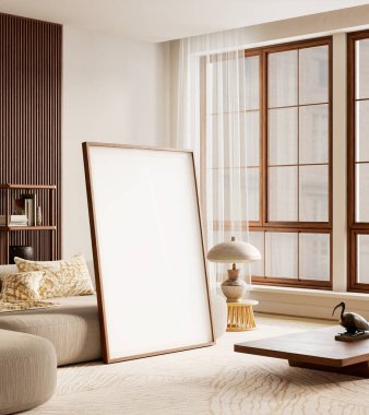 Sıcak nötrler, temiz modern şekiller, pürüzsüz ahşap dokular ve dengeli, rafine edilmiş ve huzurlu bir iç mekan yaratmak için hafif bir aydınlatma alanı. 3B illüstrasyon