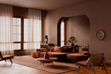 Geniş açılı organik modern sahne geniş desenli yüzeyler, doğal malzemeler, heykel aksanları ve davetkar, dokunsal, çağdaş bir iç mekan için sıcak ışıklandırma. 3B illüstrasyon