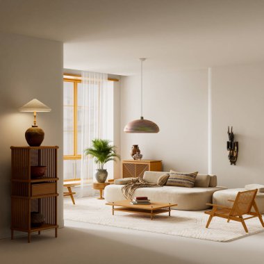 Pürüzsüz kumaşlar, ahşap yüzeyler, yumuşak gün ışığı ve hava boşluğu ile sıcak bir iç mekan. Bu da doğal fotokopi alanı sağlar. Uyumlu ve modern bir görsel atmosfer yaratır.