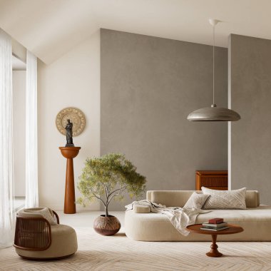 Yumuşak gün ışığı, ahşap detaylar, heykel elementleri ve doğal fotokopi alanı sağlayan hava boşluğu içeren, rafine ve sakin bir görsel atmosfer oluşturan modern bir iç mekan.