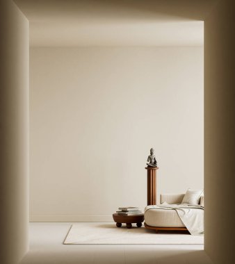 Geniş minimalist oturma odası, negatif alan, nötr kumaşlar, yumuşak tonlar, ve doğal gün ışığı, sakin bir iç mekan yaratıyor.