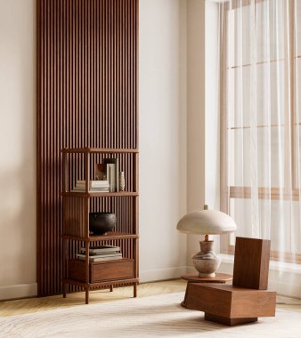 Doğal yüzeyler ve dengeli modern hatları birleştirerek, sessiz, zarif ve görsel olarak uyumlu bir yaşam ortamı sunan sıcak, minimal iç konsept. 3B illüstrasyon