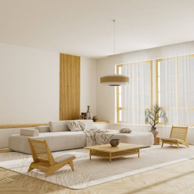 Geniş çerçeveli Japon oturma odası. Ahşap masa, seramik vazo ve zarif negatif uzay tasarımı için yumuşak gündüz atmosferi var. 3B illüstrasyon.