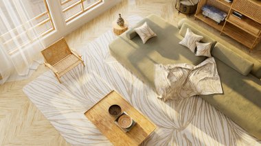 Üst kattaki rahat zeytin yeşili oturma odasının içinde rattan mobilyalar, yumuşak güneş ışığı ve sıcak doğal tonlarla minimal ve uyumlu bir tasarım ortamı yaratıyor. 3B illüstrasyon.