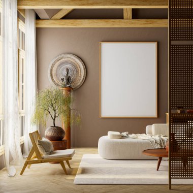 Japandi tarafsız oturma odası. Poster çerçeveli, rahat kanepe ve sıcak güneş ışığı altında ahşap elementlerle dekore edilmiş. Markalaştırma ve poster sergisi için mükemmel. 3B illüstrasyon.