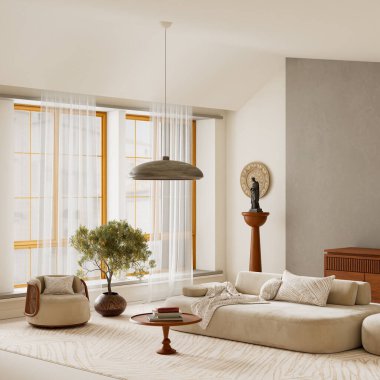 Şekil dekoru, ahşap yüzeyler, yumuşak gün ışığı ve doğal fotokopi alanı sağlayan, sıcak, modern ve görsel olarak dengeli bir atmosfer oluşturan havadar bir yapı.