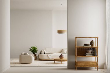 Hassas ahşap dokular, yumuşak kumaşlar ve dağınık gün ışığı görsel olarak sakin bir ortam yaratır. Açık kompozisyon temiz bir estetik deneyim için cömert bir kopya alanı içerir 3D illüstrasyon