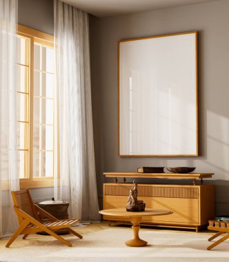 Deniz mavisi kanepe, ahşap mobilya, doğal ışık ve sıcak tonlarla dolu parlak bir oturma odası. İç tasarım veya markalaşma sunumu için model poster çerçevesi de dahil olmak üzere mükemmel minimalist bir tarz. 3B illüstrasyon.