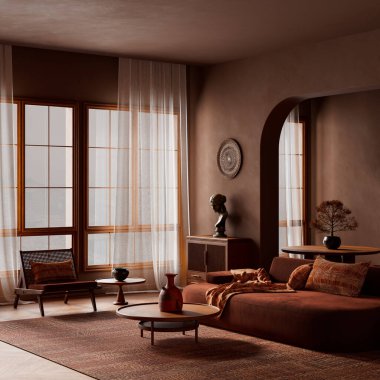 Doğal malzemelerin, yapay detayların, dünyevi tonların, yumuşak ışığın ve dengeli, sakin, uyumlu bir iç mekan için dokusal sıcaklığın yer aldığı modern organik yaşam alanı. 3B illüstrasyon