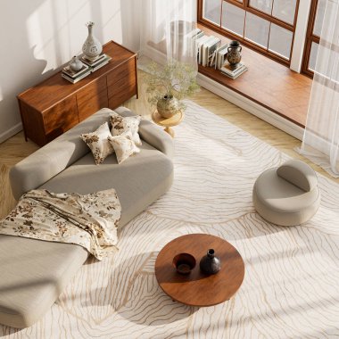 Genel kompozisyonda yumuşak malzemeler, dengeli ışık ve rahat ve zarif iç tasarım için minimum nötr palet sergileniyor. 3B illüstrasyon.