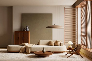 Organik modern tasarımın geniş açılı perspektifi, nötr tonların sergilenmesi, el yapımı yüzeyler ve ferah, sakin bir oda kompozisyonu için zarif minimalizm. 3B illüstrasyon