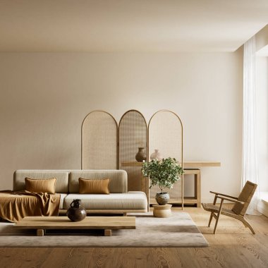 Dengeli minimalizm, organik materyaller, yumuşak ışıklandırma ve modern ev estetiği içeren sıcak Japon iç mimarisi