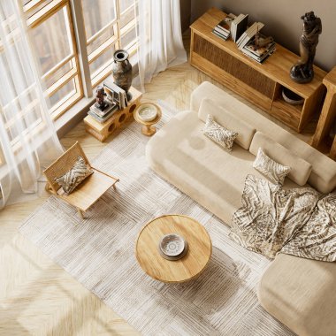 Yumuşak bej renkler, ahşap mobilyalar, doğal ışık ve rahat minimalist dekor içeren, sıcak ve uyumlu bir atmosfer yaratan, iç tasarım ilhamı ya da markalaşma sunumu için ideal bir iç mekan. 3B illüstrasyon.