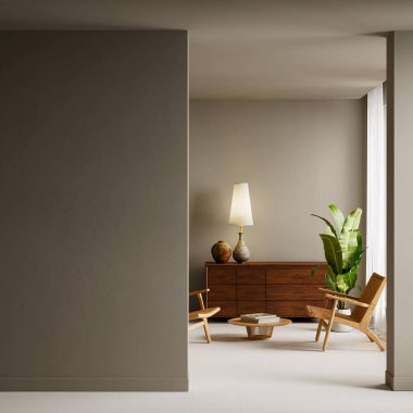 Geniş boş bir duvar, tropikal kapalı bitki, rattan desenli sandalye ve yumuşak doğal ışık ve nötr tonlarla güçlendirilmiş alçak masa. 3B illüstrasyon