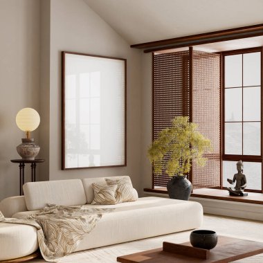 Minimalist çerçeve yapısı, yumuşak gölgeler ve gerçekçi bir poster sunumu sunan zarif duvar kompozisyonu. 3B illüstrasyon.