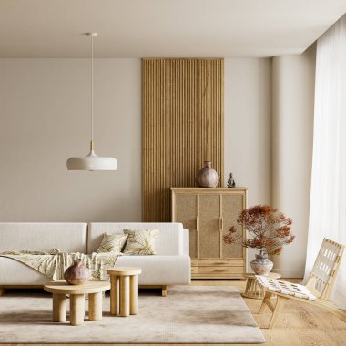 Hafif ormanlar, minimalist mobilyalar, yumuşak kumaşlar ve dingin modern görünüş için dengeli negatif alanlar olan İskandinav oturma odası. 3B illüstrasyon