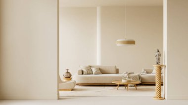 Yumuşak gün ışığı, doğal ahşap ve dengeli kopya alanı yaratan büyük boş bir duvar içeren sıcak, minimal bir iç mekan. Heykel aksanları ve nötr tonlar dingin estetiği tamamlar. 3B illüstrasyon.