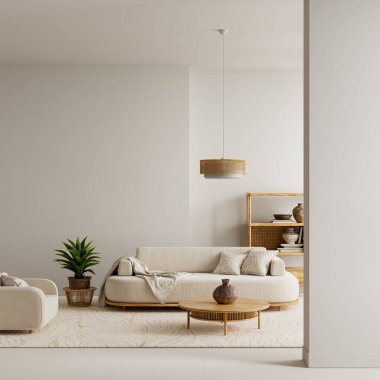 Yumuşak kumaşların, ahşap aksanların ve gün ışığının olduğu sakin bir iç mekan. Yerleşim, sıcak tonlarla desteklenen temiz ve sessiz bir kompozisyon ve ince desen 3D illüstrasyon sunarak doğal kopya alanını vurguluyor