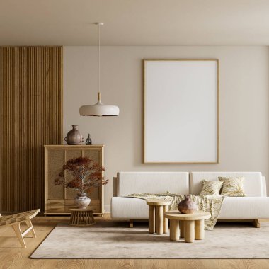 Ortadaki poster çerçeveli, yumuşak nötr kumaşlı ve ılık ahşap aksanlı sakin bir sunum ortamı yaratan havadar bir İskandinav alanı. 3B illüstrasyon