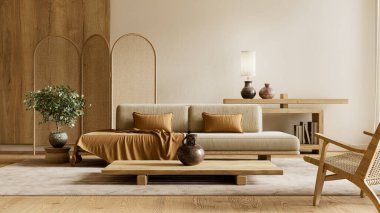 Ahşap dokular, sıcak nötrler, yumuşak doğal aydınlatma ve sakin ve dengeli bir atmosfer üreten zarif dcor elementleri içeren rafine modern bir oturma odası.