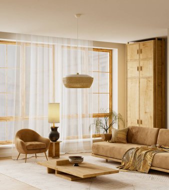 Ahşap dokular, sıcak nötrler, yumuşak doğal aydınlatma ve sakin ve dengeli bir atmosfer üreten zarif dcor elementleri içeren rafine modern bir oturma odası.