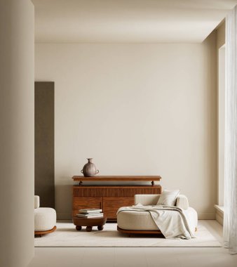 Negatif alan, nötr renkler, yumuşak kumaşlar ve dokulu duvarlarla sakin bir iç mekan rahatlatıcı bir minimalist oturma odası oluşturur.