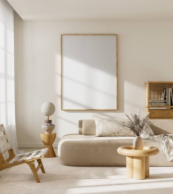Tarafsız İskandinav oturma odasında geniş bir poster modeli, ahşap detaylar, yumuşak güneş ışığı ve temiz, modern, rahat iç mekan sunumları için dengeli bir tasarım yer alıyor. 3B illüstrasyon.