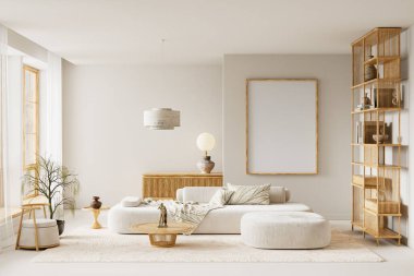 Doğal dokular, pürüzsüz kumaşlar ve sıcak ahşap elementlerle dolu barışçıl bir iç mekan. Uyumlu görseller için doğal fotokopi alanı olan parlak bir çerçeve etrafında tasarlanmış. 3B illüstrasyon