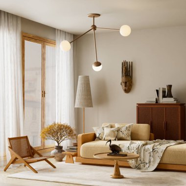 En az bej kanepe, ahşap dokular, desenli yastıklar ve hafif gün ışığı barındıran rahat modern bir iç mekan olarak tasarlanmış, yaşam tarzı için mükemmel bir ilham kaynağı olan Japon oturma odası. 3B illüstrasyon