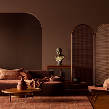 Doğal malzemeler, heykel dekoru, sıcak dokular ve hafif ışıklandırma içeren modern organik negatif uzay düzenlemesi sakin, havadar ve dengeli bir iç mekan yaratıyor. 3B illüstrasyon