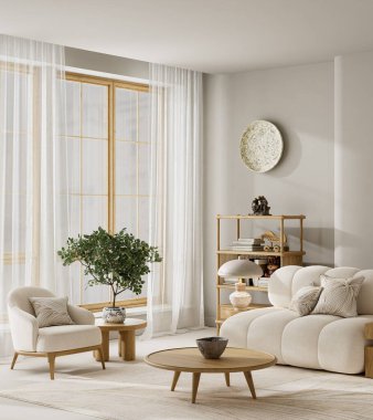 Sıcak ahşap mobilyalar, minimalist dekor, yumuşak nötr palet ve rahat modern ev atmosferi için doğal ışık içeren İskandinav iç mimarisi. 3B illüstrasyon.