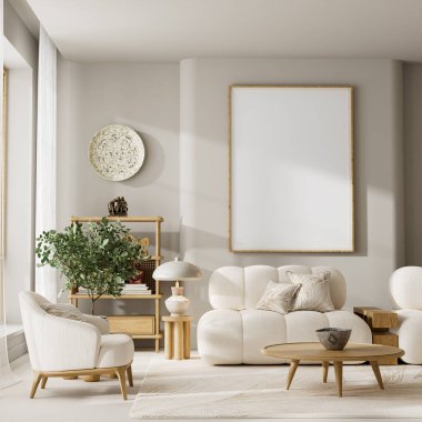 Ahşap aksanlar, organik dokular, parlak gün ışığı ve sakin, havadar ve şık bir ev tasarımı yaratan bir poster çerçevesi içeren modern bir iç mekan. 3B illüstrasyon.