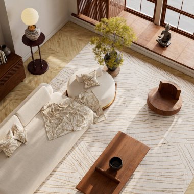 Genel bakış açısı mobilyaların hizalanması, yumuşak tekstil akışı ve temiz simetrinin huzurlu bir iç görünüm sunmasını vurguluyor. 3B illüstrasyon.