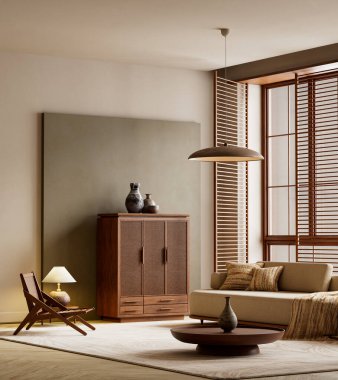 Ilık ahşap, bej tekstil, hafif ışıklandırma ve çağdaş yaşam alanı için ayarlanmış minimum doğal dekor içeren sakin bir organik iç mekan. 3B illüstrasyon