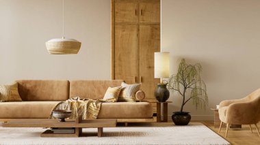 Ahşap dokular, nötr renkler, yumuşak gün ışığı ve modern mobilyalarla donatılmış sıcak bir iç mekan, huzurlu ve görsel olarak dengeli bir oturma odası ortamı yaratıyor. 3B illüstrasyon