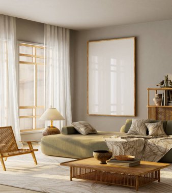 Parlak, modern oturma odasının içinde zeytin yeşili kanepe ve rattan mobilyalar var. Poster çerçevesi veya markalaşma modeli için nötr estetik şablon olarak tasarlanmış. 3B illüstrasyon