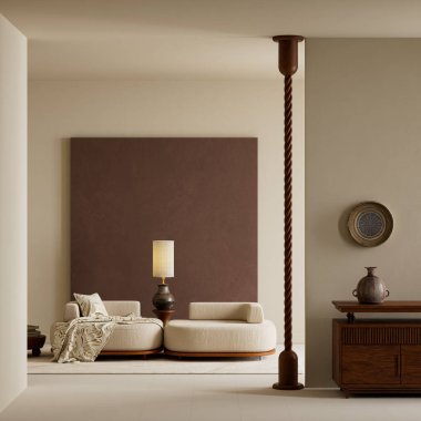 Nötr tonlar, yumuşak kumaşlar, katmanlı dokular ve rahatlatıcı minimalist ev ortamı için sıcak gün ışığı içeren geniş ve şık bir iç mekan.